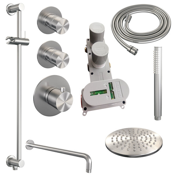 Brauer Brauer Brushed Editon Regendoucheset:  Thermostatische Inbouwkraan met Stopkranen, Gebogen Wandarm, Douchekop Ø20cm, Glijstang met Wateruitlaat, Staafhanddouche & Doucheslang - Set 15 - Draaiknoppen - PVD - Geborsteld RVS