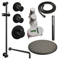 Brauer Brauer Black Editon Regendoucheset:  Thermostatische Inbouwkraan met Stopkranen, Gebogen Wandarm, Douchekop 30cm, Glijstang met Wateruitlaat, Staafhanddouche & Doucheslang - Set 16 - Draaiknoppen - Mat Zwart