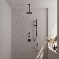 Brauer Brauer Black Editon Regendoucheset:  Thermostatische Inbouwkraan met Stopkranen, Plafondarm, Douchekop 20cm, Glijstang met Wateruitlaat, Staafhanddouche & Doucheslang - Set 17 - Draaiknoppen - Mat Zwart