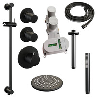 Brauer Brauer Black Editon Regendoucheset:  Thermostatische Inbouwkraan met Stopkranen, Plafondarm, Douchekop 20cm, Glijstang met Wateruitlaat, Staafhanddouche & Doucheslang - Set 17 - Draaiknoppen - Mat Zwart