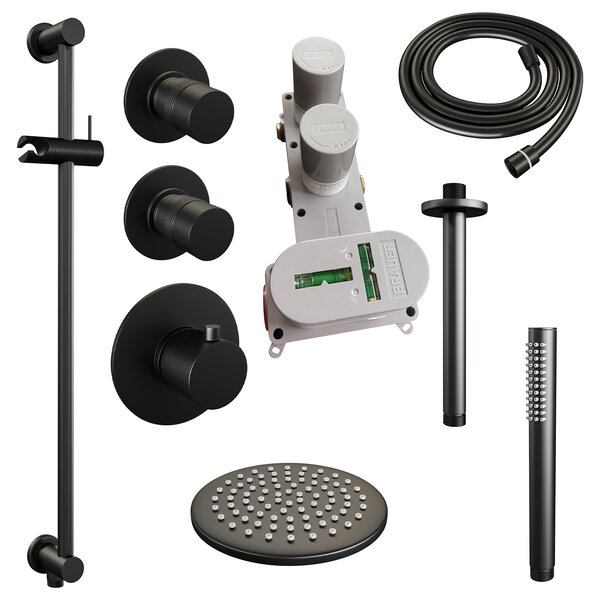 Brauer Brauer Black Editon Regendoucheset:  Thermostatische Inbouwkraan met Stopkranen, Plafondarm, Douchekop 20cm, Glijstang met Wateruitlaat, Staafhanddouche & Doucheslang - Set 17 - Draaiknoppen - Mat Zwart
