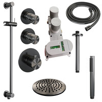 Brauer Brauer Gunmetal Editon Regendoucheset:  Thermostatische Inbouwkraan met Stopkranen, Plafondarm, Douchekop 20cm, Glijstang met Wateruitlaat, Staafhanddouche & Doucheslang - Set 17 - Draaiknoppen - PVD - Geborsteld Gunmetal