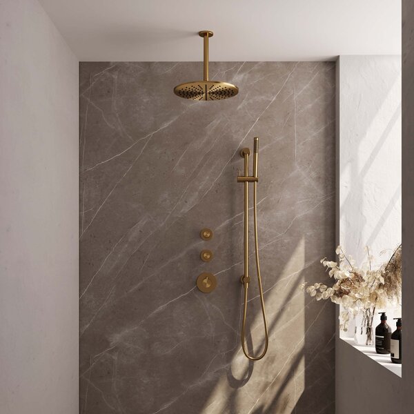 Brauer Brauer Gold Editon Regendoucheset:  Thermostatische Inbouwkraan met Stopkranen, Plafondarm, Douchekop 30cm, Glijstang met Wateruitlaat, Staafhanddouche & Doucheslang - Set 18 - Draaiknoppen - PVD - Geborsteld Goud