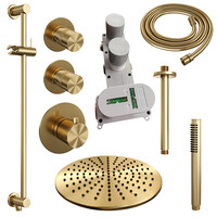 Brauer Brauer Gold Editon Regendoucheset:  Thermostatische Inbouwkraan met Stopkranen, Plafondarm, Douchekop 30cm, Glijstang met Wateruitlaat, Staafhanddouche & Doucheslang - Set 18 - Draaiknoppen - PVD - Geborsteld Goud