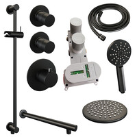 Brauer Brauer Black Editon Regendoucheset:  Thermostatische Inbouwkraan met Stopkranen, Rechte Wandarm, Douchekop Ø20cm, Glijstang met Wateruitlaat, 3-Standen Handdouche & Doucheslang - Set 19 - Draaiknoppen - Mat Zwart