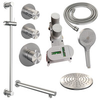 Brauer Brauer Brushed Editon Regendoucheset:  Thermostatische Inbouwkraan met Stopkranen, Rechte Wandarm, Douchekop 20cm, Glijstang met Wateruitlaat, 3-Standen Handdouche & Doucheslang - Set 19 - Draaiknoppen - PVD - Geborsteld RVS
