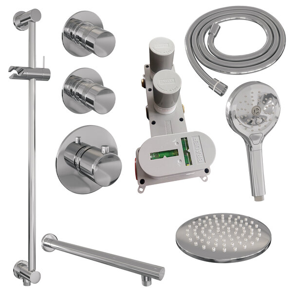Brauer Brauer Chrome Editon Regendoucheset:  Thermostatische Inbouwkraan met Stopkranen, Rechte Wandarm, Douchekop 30cm, Glijstang met Wateruitlaat, 3-Standen Handdouche & Doucheslang - Set 20 - Draaiknoppen - Chroom