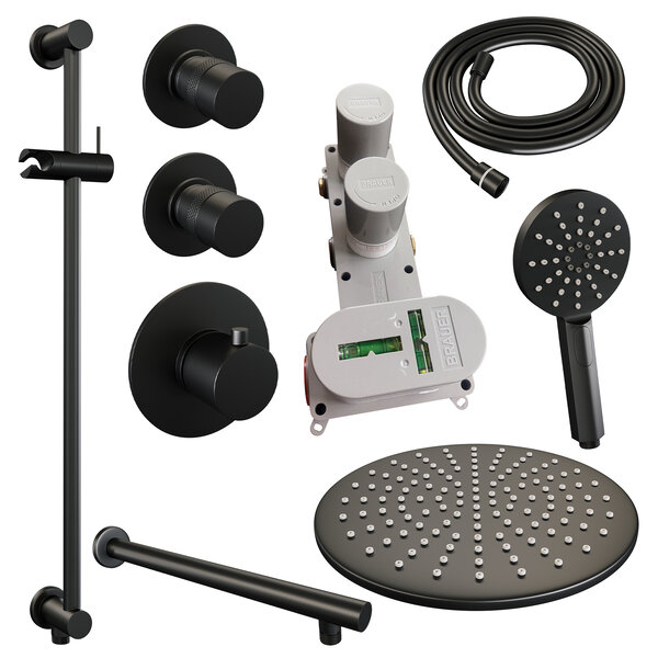 Brauer Brauer Black Editon Regendoucheset:  Thermostatische Inbouwkraan met Stopkranen, Rechte Wandarm, Douchekop Ø30cm, Glijstang met Wateruitlaat, 3-Standen Handdouche & Doucheslang - Set 20 - Draaiknoppen - Mat Zwart