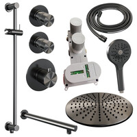 Brauer Brauer Gunmetal Editon Regendoucheset:  Thermostatische Inbouwkraan met Stopkranen, Rechte Wandarm, Douchekop 30cm, Glijstang met Wateruitlaat, 3-Standen Handdouche & Doucheslang - Set 20 - Draaiknoppen - PVD - Geborsteld Gunmetal