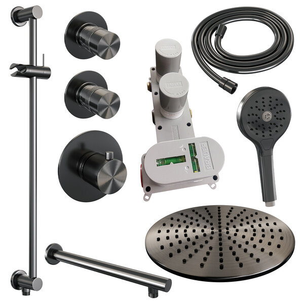 Brauer Brauer Gunmetal Editon Regendoucheset:  Thermostatische Inbouwkraan met Stopkranen, Rechte Wandarm, Douchekop 30cm, Glijstang met Wateruitlaat, 3-Standen Handdouche & Doucheslang - Set 20 - Draaiknoppen - PVD - Geborsteld Gunmetal