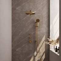 Brauer Brauer Gold Editon Regendoucheset:  Thermostatische Inbouwkraan met Stopkranen, Rechte Wandarm, Douchekop 30cm, Glijstang met Wateruitlaat, 3-Standen Handdouche & Doucheslang - Set 20 - Draaiknoppen - PVD - Geborsteld Goud