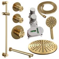 Brauer Brauer Gold Editon Regendoucheset:  Thermostatische Inbouwkraan met Stopkranen, Rechte Wandarm, Douchekop 30cm, Glijstang met Wateruitlaat, 3-Standen Handdouche & Doucheslang - Set 20 - Draaiknoppen - PVD - Geborsteld Goud
