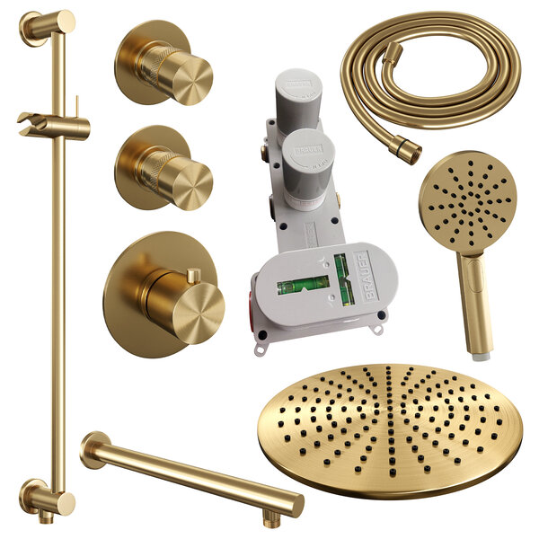 Brauer Brauer Gold Editon Regendoucheset:  Thermostatische Inbouwkraan met Stopkranen, Rechte Wandarm, Douchekop 30cm, Glijstang met Wateruitlaat, 3-Standen Handdouche & Doucheslang - Set 20 - Draaiknoppen - PVD - Geborsteld Goud