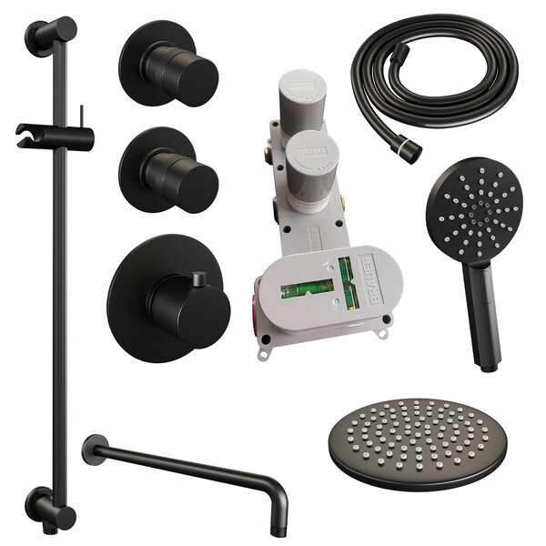 Brauer Brauer Black Editon Regendoucheset:  Thermostatische Inbouwkraan met Stopkranen, Gebogen Wandarm, Douchekop 20cm, Glijstang met Wateruitlaat, 3-Standen Handdouche & Doucheslang - Set 21 - Draaiknoppen - Mat Zwart