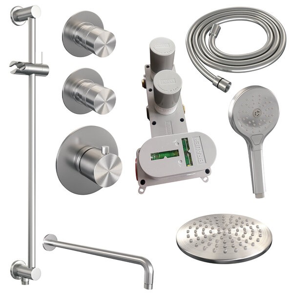 Brauer Brauer Brushed Editon Regendoucheset:  Thermostatische Inbouwkraan met Stopkranen, Gebogen Wandarm, Douchekop Ø20cm, Glijstang met Wateruitlaat, 3-Standen Handdouche & Doucheslang - Set 21 - Draaiknoppen - PVD - Geborsteld RVS