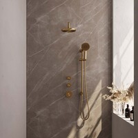 Brauer Brauer Gold Editon Regendoucheset:  Thermostatische Inbouwkraan met Stopkranen, Gebogen Wandarm, Douchekop 20cm, Glijstang met Wateruitlaat, 3-Standen Handdouche & Doucheslang - Set 21 - Draaiknoppen - PVD - Geborsteld Goud