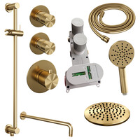 Brauer Brauer Gold Editon Regendoucheset:  Thermostatische Inbouwkraan met Stopkranen, Gebogen Wandarm, Douchekop 20cm, Glijstang met Wateruitlaat, 3-Standen Handdouche & Doucheslang - Set 21 - Draaiknoppen - PVD - Geborsteld Goud