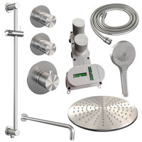 Brauer Brauer Brushed Editon Regendoucheset:  Thermostatische Inbouwkraan met Stopkranen, Gebogen Wandarm, Douchekop 30cm, Glijstang met Wateruitlaat, 3-Standen Handdouche & Doucheslang - Set 22 - Draaiknoppen - PVD - Geborsteld RVS