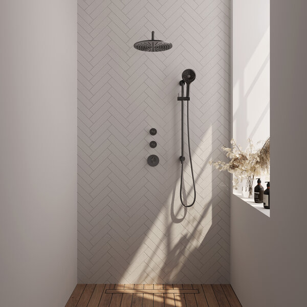 Brauer Brauer Gunmetal Editon Regendoucheset:  Thermostatische Inbouwkraan met Stopkranen, Gebogen Wandarm, Douchekop 30cm, Glijstang met Wateruitlaat, 3-Standen Handdouche & Doucheslang - Set 22 - Draaiknoppen - PVD - Geborsteld Gunmetal