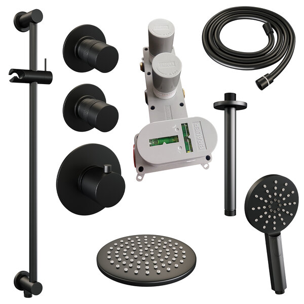 Brauer Brauer Black Editon Regendoucheset:  Thermostatische Inbouwkraan met Stopkranen, Plafondarm, Douchekop 20cm, Glijstang met Wateruitlaat, 3-Standen Handdouche & Doucheslang - Set 23 - Draaiknoppen - Mat Zwart