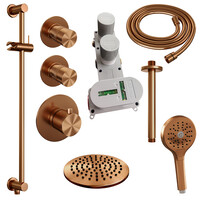 Brauer Brauer Copper Editon Regendoucheset:  Thermostatische Inbouwkraan met Stopkranen, Plafondarm, Douchekop 20cm, Glijstang met Wateruitlaat, 3-Standen Handdouche & Doucheslang - Set 23 - Draaiknoppen - PVD - Geborsteld Koper