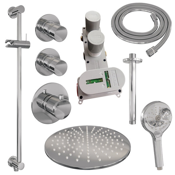 Brauer Brauer Chrome Editon Regendoucheset:  Thermostatische Inbouwkraan met Stopkranen, Plafondarm, Douchekop 30cm, Glijstang met Wateruitlaat, 3-Standen Handdouche & Doucheslang - Set 24 - Draaiknoppen - Chroom