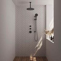 Brauer Brauer Black Editon Regendoucheset:  Thermostatische Inbouwkraan met Stopkranen, Plafondarm, Douchekop 30cm, Glijstang met Wateruitlaat, 3-Standen Handdouche & Doucheslang - Set 24 - Draaiknoppen - Mat Zwart