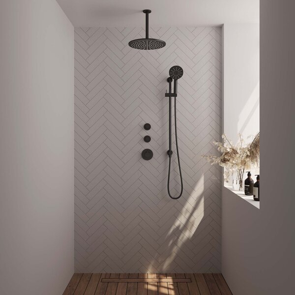 Brauer Brauer Black Editon Regendoucheset:  Thermostatische Inbouwkraan met Stopkranen, Plafondarm, Douchekop 30cm, Glijstang met Wateruitlaat, 3-Standen Handdouche & Doucheslang - Set 24 - Draaiknoppen - Mat Zwart