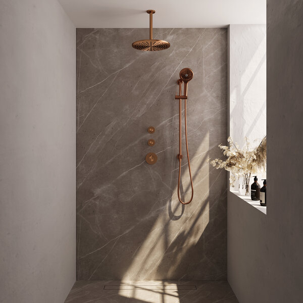 Brauer Brauer Copper Editon Regendoucheset:  Thermostatische Inbouwkraan met Stopkranen, Plafondarm, Douchekop 30cm, Glijstang met Wateruitlaat, 3-Standen Handdouche & Doucheslang - Set 24 - Draaiknoppen - PVD - Geborsteld Koper