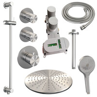 Brauer Brauer Brushed Editon Regendoucheset:  Thermostatische Inbouwkraan met Stopkranen, Plafondarm, Douchekop 30cm, Glijstang met Wateruitlaat, 3-Standen Handdouche & Doucheslang - Set 24 - Draaiknoppen - PVD - Geborsteld RVS