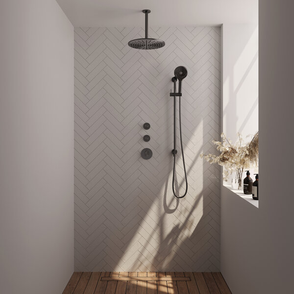 Brauer Brauer Gunmetal Editon Regendoucheset:  Thermostatische Inbouwkraan met Stopkranen, Plafondarm, Douchekop 30cm, Glijstang met Wateruitlaat, 3-Standen Handdouche & Doucheslang - Set 24 - Draaiknoppen - PVD - Geborsteld Gunmetal