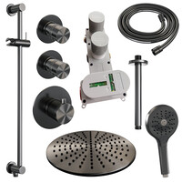 Brauer Brauer Gunmetal Editon Regendoucheset:  Thermostatische Inbouwkraan met Stopkranen, Plafondarm, Douchekop 30cm, Glijstang met Wateruitlaat, 3-Standen Handdouche & Doucheslang - Set 24 - Draaiknoppen - PVD - Geborsteld Gunmetal
