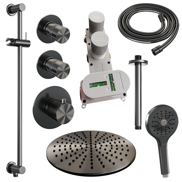 Brauer Brauer Gunmetal Editon Regendoucheset:  Thermostatische Inbouwkraan met Stopkranen, Plafondarm, Douchekop 30cm, Glijstang met Wateruitlaat, 3-Standen Handdouche & Doucheslang - Set 24 - Draaiknoppen - PVD - Geborsteld Gunmetal
