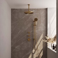 Brauer Brauer Gold Editon Regendoucheset:  Thermostatische Inbouwkraan met Stopkranen, Plafondarm, Douchekop 30cm, Glijstang met Wateruitlaat, 3-Standen Handdouche & Doucheslang - Set 24 - Draaiknoppen - PVD - Geborsteld Goud