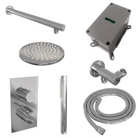 Brauer Brauer Chrome Editon Regendoucheset:  Thermostatische Inbouwkraan met 3-Weg Omstel, Rechte Wandarm, Douchekop 20cm, Wandhouder met Wateruitlaat, Staafhanddouche & Doucheslang - Set 25 - Draaiknoppen - Chroom