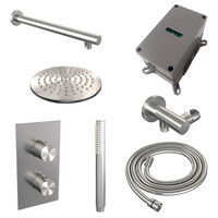 Brauer Brauer Brushed Editon Regendoucheset:  Thermostatische Inbouwkraan met 3-Weg Omstel, Rechte Wandarm, Douchekop Ø20cm, Wandhouder met Wateruitlaat, Staafhanddouche & Doucheslang - Set 25 - Draaiknoppen - PVD - Geborsteld RVS