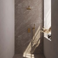 Brauer Brauer Gold Editon Regendoucheset:  Thermostatische Inbouwkraan met 3-Weg Omstel, Rechte Wandarm, Douchekop 20cm, Wandhouder met Wateruitlaat, Staafhanddouche & Doucheslang - Set 25 - Draaiknoppen - PVD - Geborsteld Goud