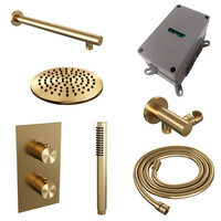 Brauer Brauer Gold Editon Regendoucheset:  Thermostatische Inbouwkraan met 3-Weg Omstel, Rechte Wandarm, Douchekop 20cm, Wandhouder met Wateruitlaat, Staafhanddouche & Doucheslang - Set 25 - Draaiknoppen - PVD - Geborsteld Goud