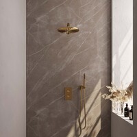 Brauer Brauer Gold Editon Regendoucheset:  Thermostatische Inbouwkraan met 3-Weg Omstel, Rechte Wandarm, Douchekop 30cm, Wandhouder met Wateruitlaat, Staafhanddouche & Doucheslang - Set 26 - Draaiknoppen - PVD - Geborsteld Goud