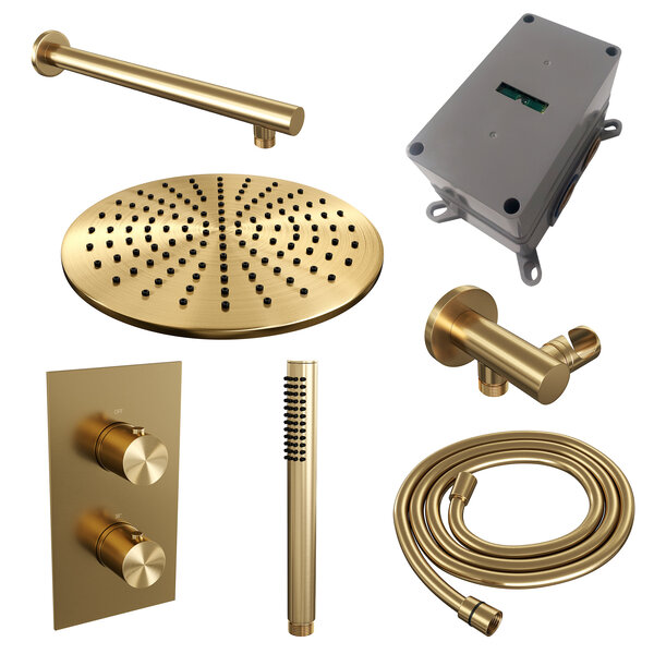Brauer Brauer Gold Editon Regendoucheset:  Thermostatische Inbouwkraan met 3-Weg Omstel, Rechte Wandarm, Douchekop 30cm, Wandhouder met Wateruitlaat, Staafhanddouche & Doucheslang - Set 26 - Draaiknoppen - PVD - Geborsteld Goud