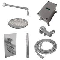 Brauer Brauer Chrome Editon Regendoucheset:  Thermostatische Inbouwkraan met 3-Weg Omstel, Gebogen Wandarm, Douchekop 20cm, Wandhouder met Wateruitlaat, Staafhanddouche & Doucheslang - Set 27 - Draaiknoppen - Chroom