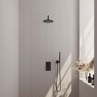 Brauer Brauer Black Editon Regendoucheset:  Thermostatische Inbouwkraan met 3-Weg Omstel, Gebogen Wandarm, Douchekop 20cm, Wandhouder met Wateruitlaat, Staafhanddouche & Doucheslang - Set 27 - Draaiknoppen - Mat Zwart