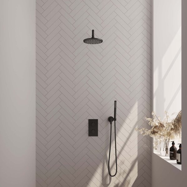 Brauer Brauer Black Editon Regendoucheset:  Thermostatische Inbouwkraan met 3-Weg Omstel, Gebogen Wandarm, Douchekop 20cm, Wandhouder met Wateruitlaat, Staafhanddouche & Doucheslang - Set 27 - Draaiknoppen - Mat Zwart