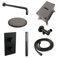 Brauer Brauer Black Editon Regendoucheset:  Thermostatische Inbouwkraan met 3-Weg Omstel, Gebogen Wandarm, Douchekop 20cm, Wandhouder met Wateruitlaat, Staafhanddouche & Doucheslang - Set 27 - Draaiknoppen - Mat Zwart