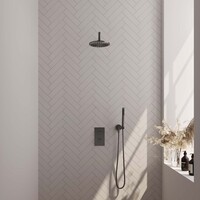 Brauer Brauer Gunmetal Editon Regendoucheset:  Thermostatische Inbouwkraan met 3-Weg Omstel, Gebogen Wandarm, Douchekop 20cm, Wandhouder met Wateruitlaat, Staafhanddouche & Doucheslang - Set 27 - Draaiknoppen - PVD - Geborsteld Gunmetal