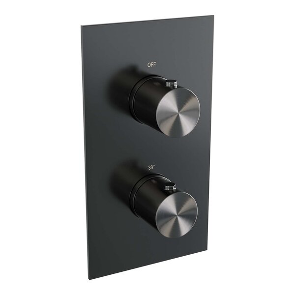 Brauer Brauer Gunmetal Editon Regendoucheset:  Thermostatische Inbouwkraan met 3-Weg Omstel, Gebogen Wandarm, Douchekop Ø20cm, Wandhouder met Wateruitlaat, Staafhanddouche & Doucheslang - Set 27 - Draaiknoppen - PVD - Geborsteld Gunmetal