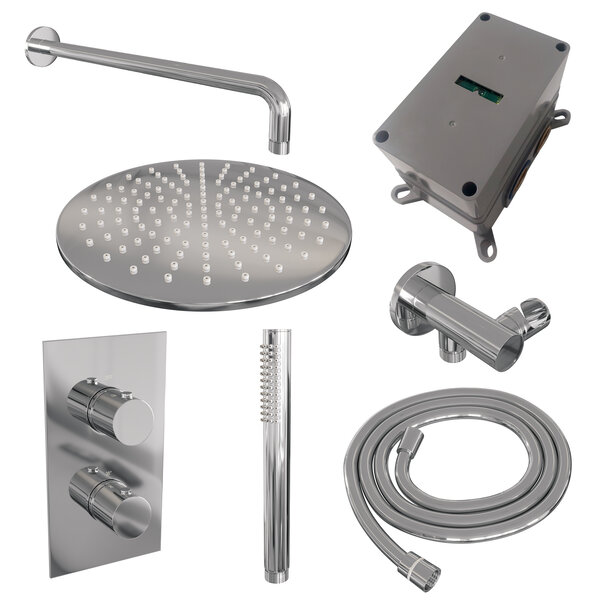 Brauer Brauer Chrome Editon Regendoucheset:  Thermostatische Inbouwkraan met 3-Weg Omstel, Gebogen Wandarm, Douchekop 30cm, Wandhouder met Wateruitlaat, Staafhanddouche & Doucheslang - Set 28 - Draaiknoppen - Chroom