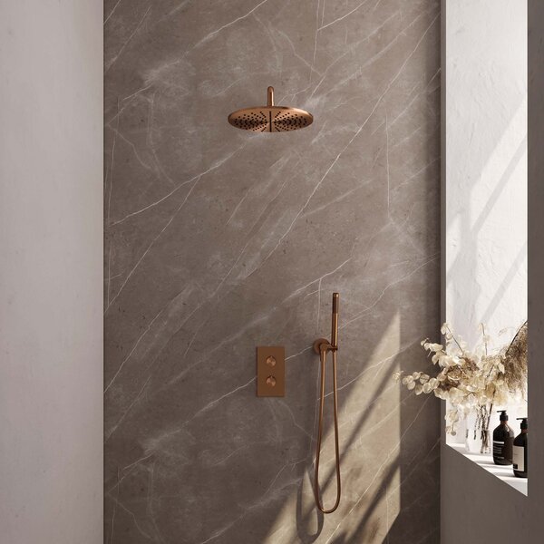 Brauer Brauer Copper Editon Regendoucheset:  Thermostatische Inbouwkraan met 3-Weg Omstel, Gebogen Wandarm, Douchekop 30cm, Wandhouder met Wateruitlaat, Staafhanddouche & Doucheslang - Set 28 - Draaiknoppen - PVD - Geborsteld Koper