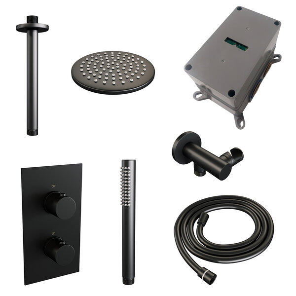 Brauer Brauer Black Editon Regendoucheset:  Thermostatische Inbouwkraan met 3-Weg Omstel, Plafondarm, Douchekop 20cm, Wandhouder met Wateruitlaat, Staafhanddouche & Doucheslang - Set 29 - Draaiknoppen - Mat Zwart