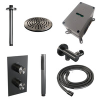 Brauer Brauer Gunmetal Editon Regendoucheset:  Thermostatische Inbouwkraan met 3-Weg Omstel, Plafondarm, Douchekop 20cm, Wandhouder met Wateruitlaat, Staafhanddouche & Doucheslang - Set 29 - Draaiknoppen - PVD - Geborsteld Gunmetal